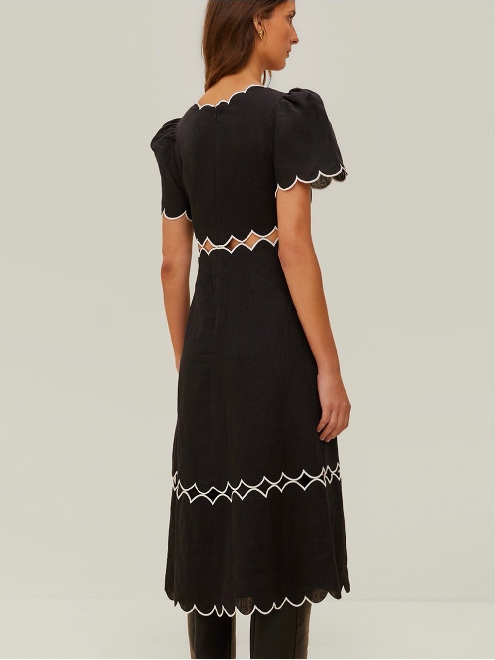 FARM Rio Black Midi Linen Dress with White Scallop Trim - Picture 9 of 15